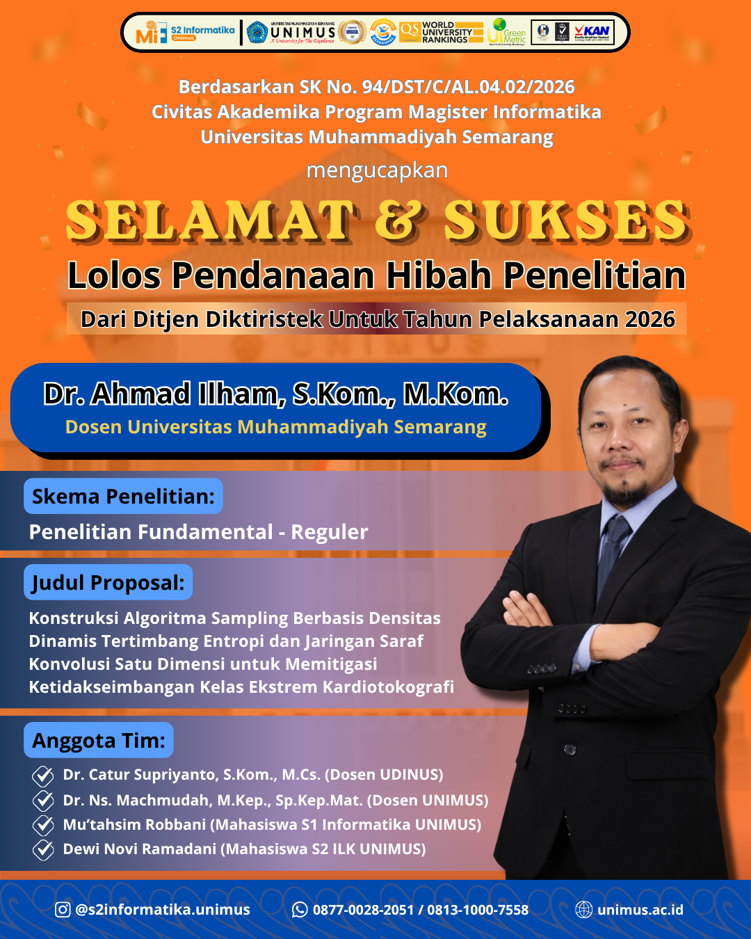 Selamat & Sukses: Dosen Magister Informatika UNIMUS Raih Pendanaan Hibah Riset Fundamental Reguler 2026